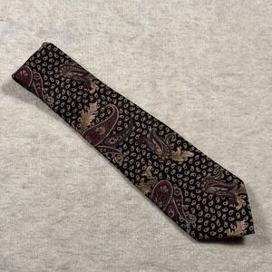 Mikael York Men's Silk Tie Black Paisley Pattern Red Lined Classic